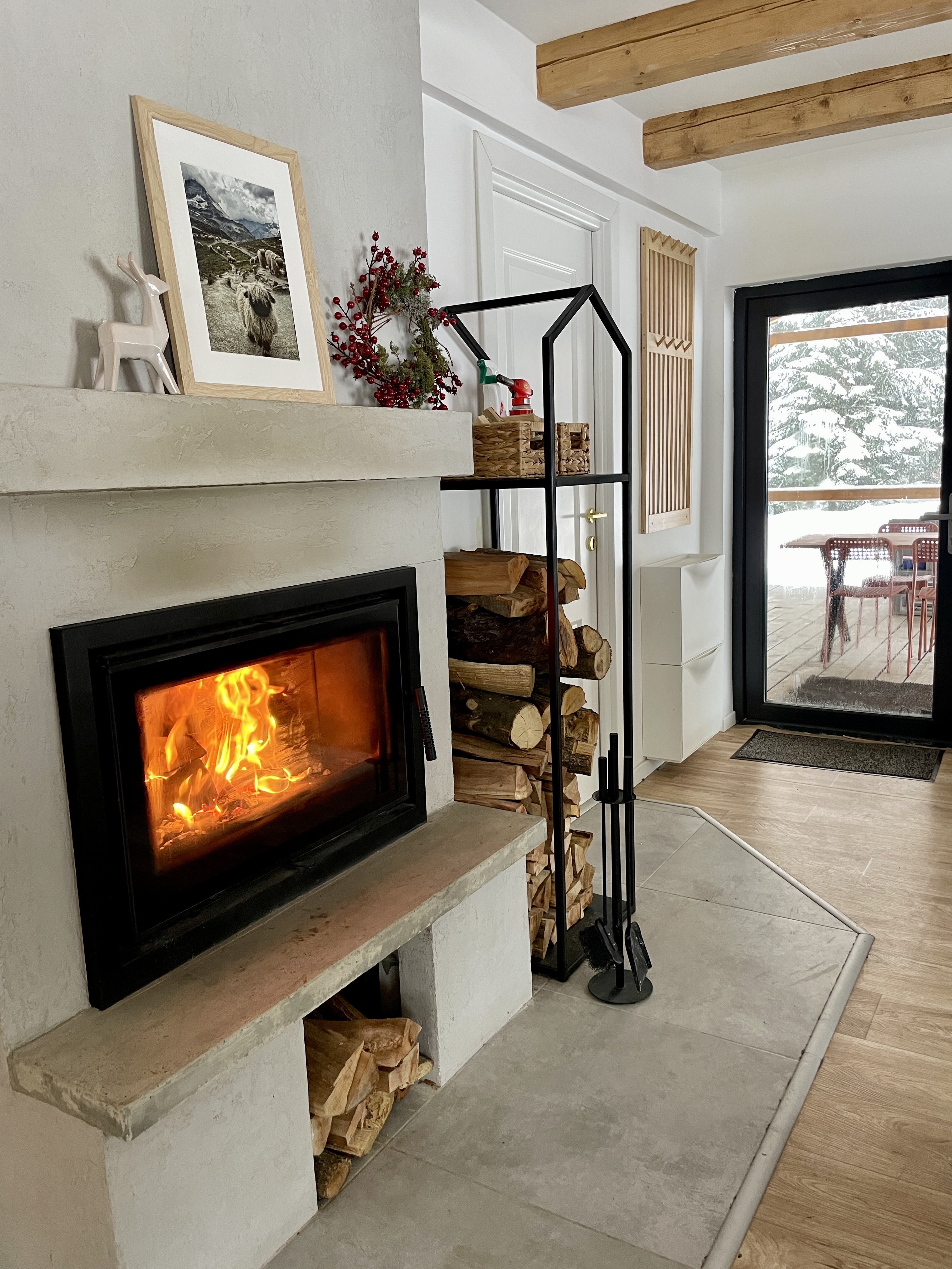 Fireplace and living area