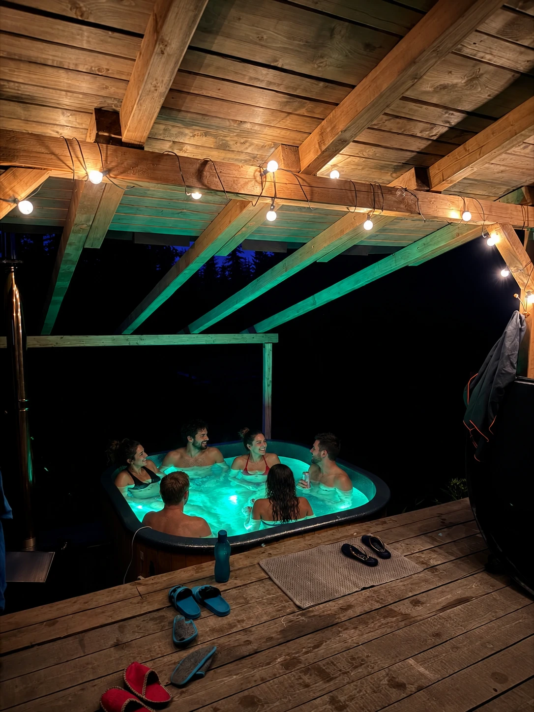 Friends in the hot tub at night